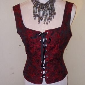 Elegant Lace-Up Floral Corset Top in Rich Burgundy